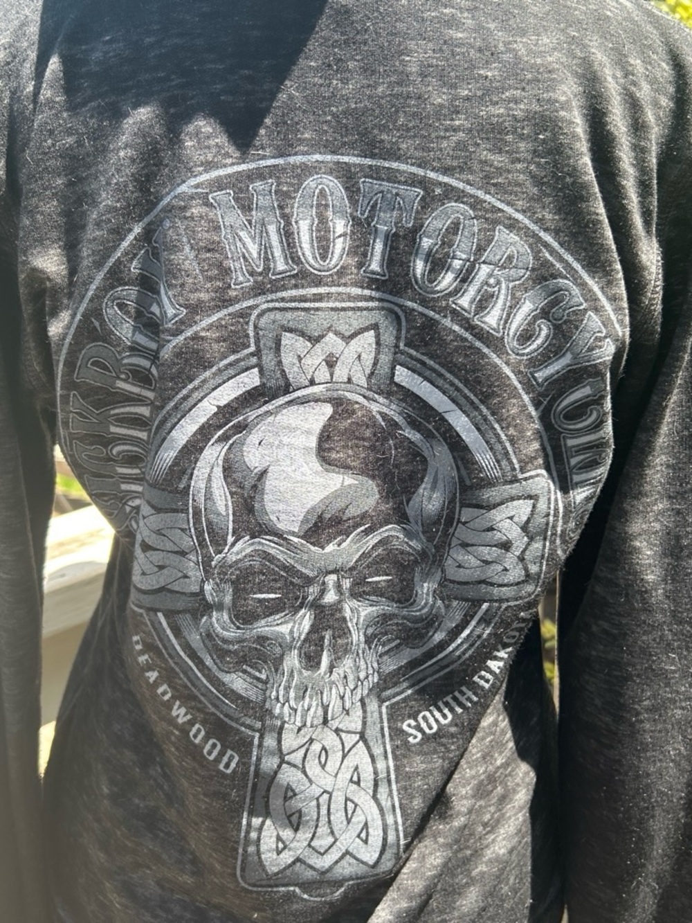 Y2K Woman’s Sick boy Motorcycles Black Graphic Long-Sleeve Shirt with Skull